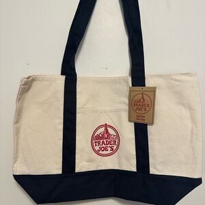 Trader Joe's Cream and Black Tote Bag 20” x 15” New
